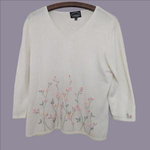 🩷Granny Core M Cream White Sweater Floral Embroidery Y2K Gramma Carolyn Taylor